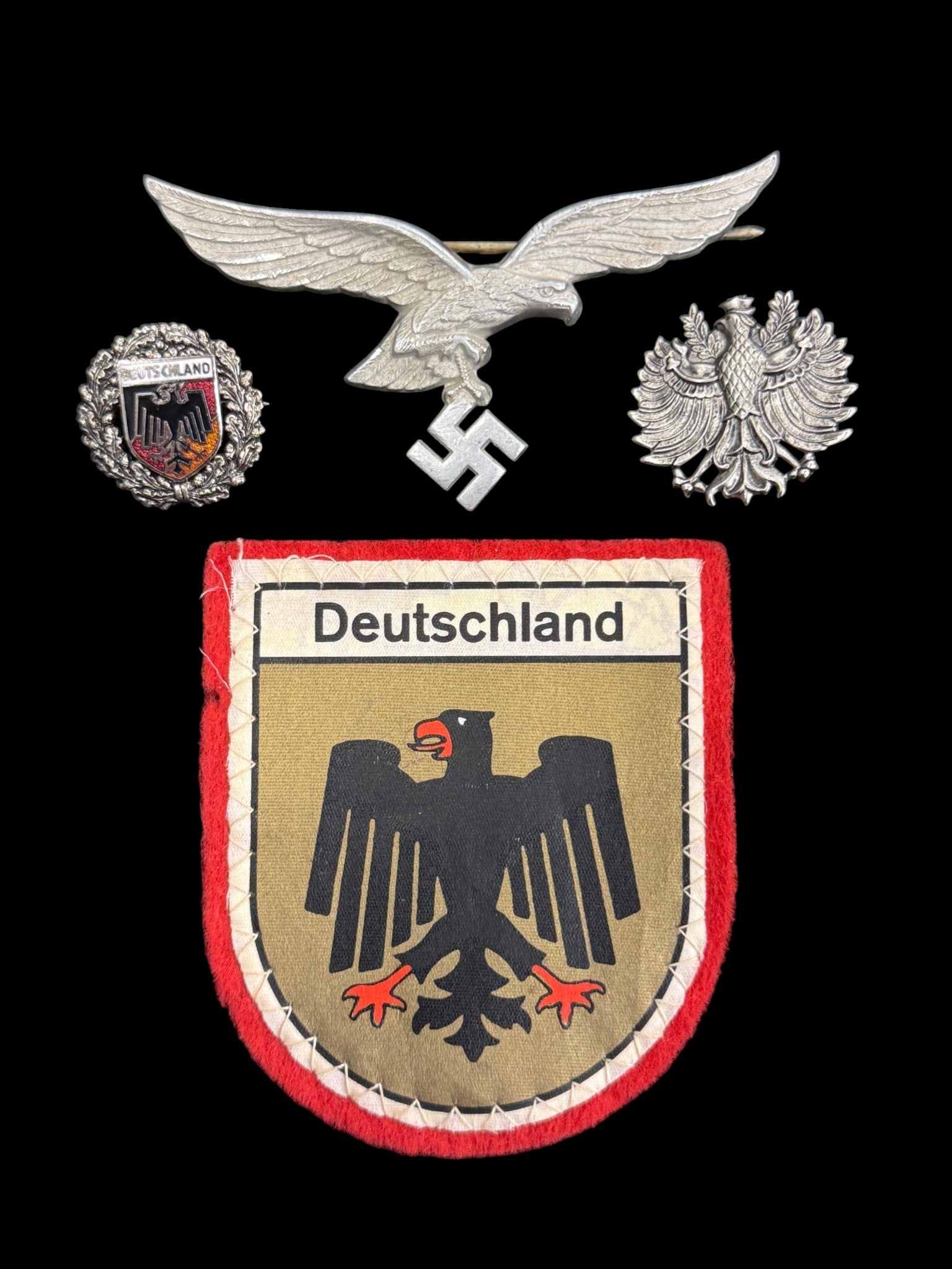 German WW2 Luftwaffe Summer tunic pin and more: German WW2 Luftwaffe Summer tunic pin and more. 4 pieces. Pin approx. 3.5 x 1.5 inches.