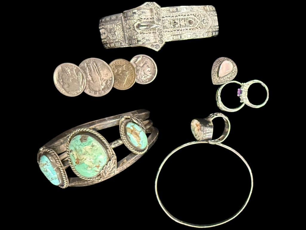 Tray of Mostly Silver Jewelry etc: Tray of Mostly Silver Jewelry incl. turquoise bracelet, coin tie tack, 3 rings, bracelet etc