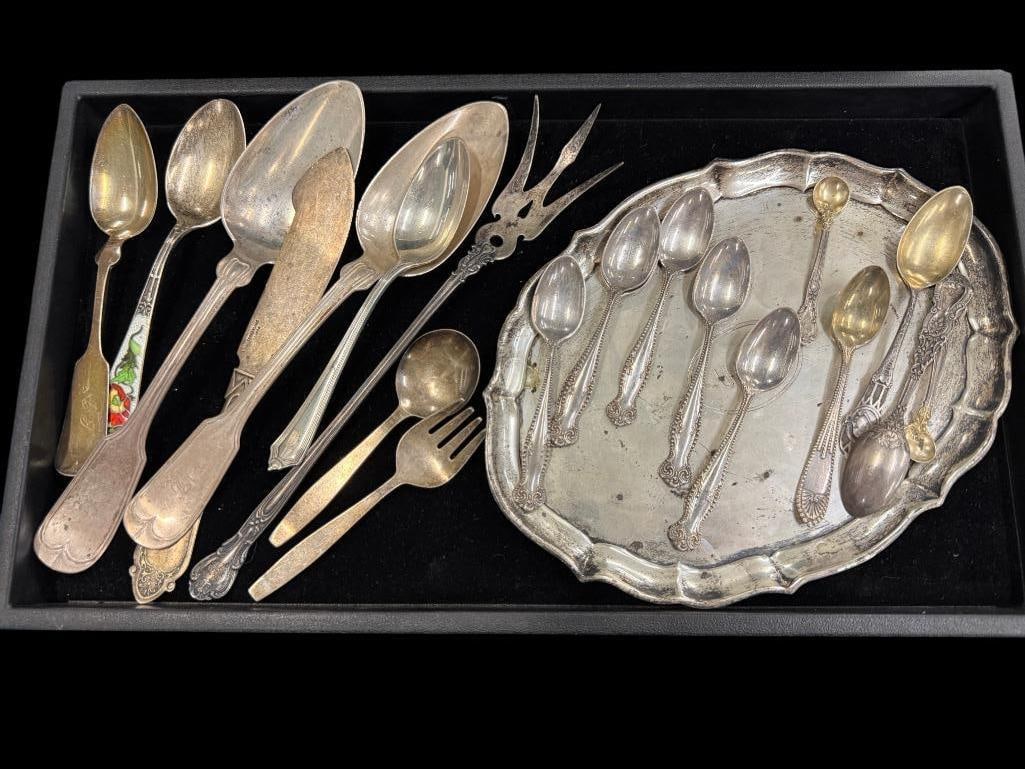 Sterling Silver spoons, tray etc.: Sterling Silver spoons, tray etc. Approx. 16.7 ozt. Approx. 21 pieces.