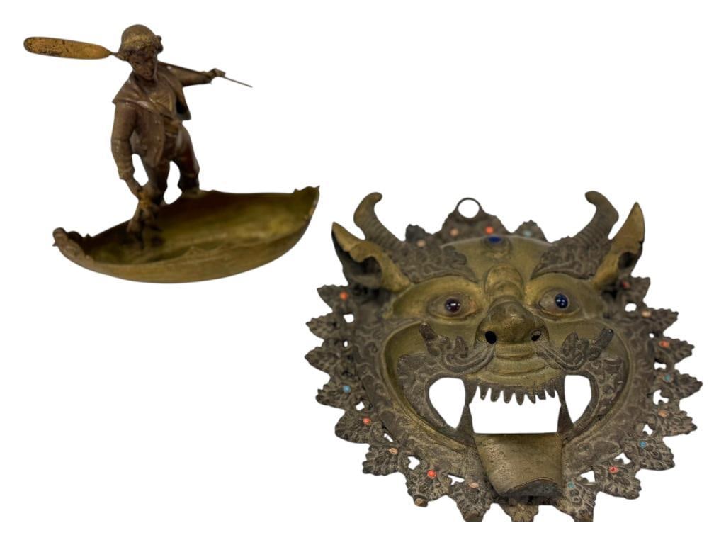 Bronze Fishing Boy and Tibetan Mask: Bronze Fishing Boy and Tibetan wall hanging Mask. 2 pieces. Mask approx. 10 x 10 x 2 inches.