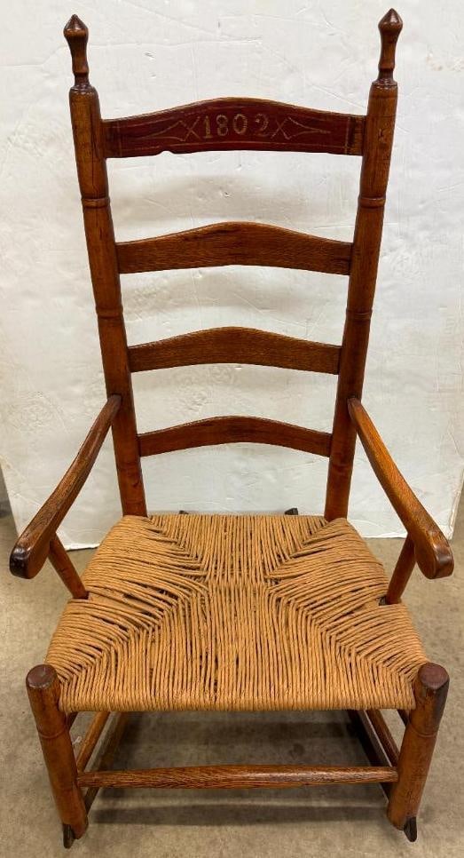 Shaker Rocking Chair dated 1802: Shaker Rocking Chair dated 1802 with rush seat, approx. 43" h x 23" w x 24" d