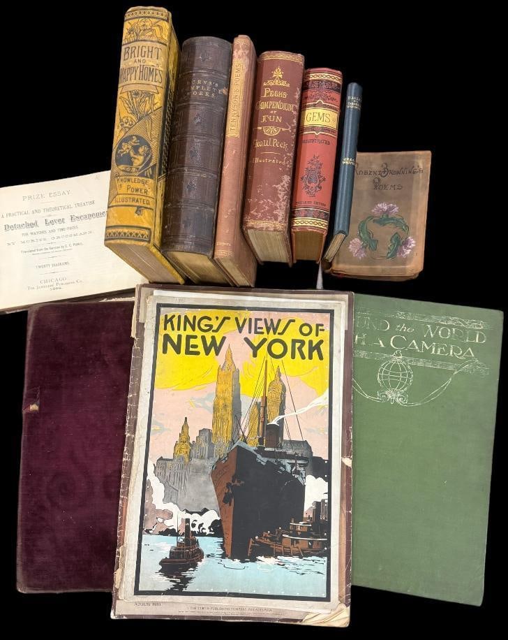 Burns Complete Works, Tennyson's Poems and more: Burns Complete Works, Tennyson's Poems, Balzac, Robert Browning's Poems, Pecks Compendium of Fun, Gems from the Poets, The Detached Lever Escapement - watch book, Bright and Happy Homes, Around the