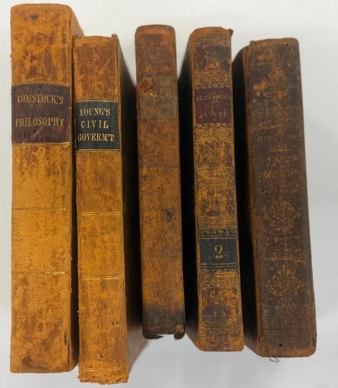 5 Antique Books: 5 Antique Books including Comstocks Philosophy, Youngs Civil Government, The English Reader, Butlers History of the United States and Plutarch's Lives.