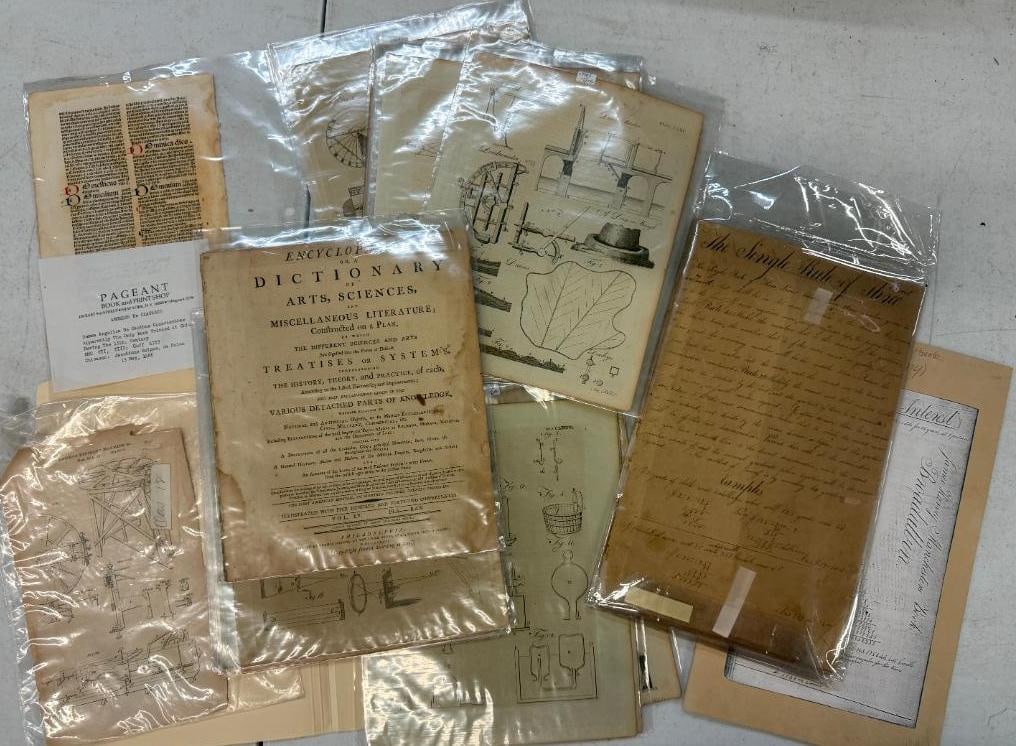 James Harvey Manchester book Broadalbin etc.: James Harvey Manchester book Broadalbin Ny Compound Interest, 15th century book page and plates from the Encyclopedia or Dictionary of Arts and Sciences 1798. Approx. 25 pieces total.