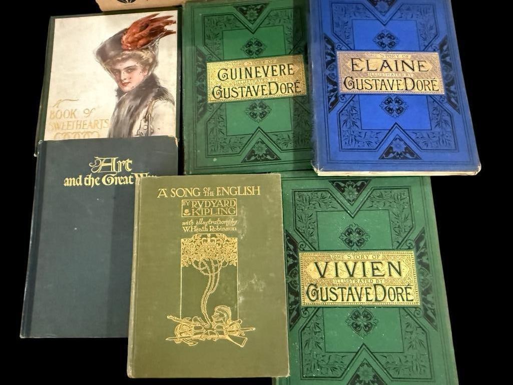 Gustave Dore books and more: Gustave Dore books and Vivien, Guinevere and Elaine. Book of Sweethearts, Art and the Great War and Rudyard Kipling A Song of the English. 6 books.