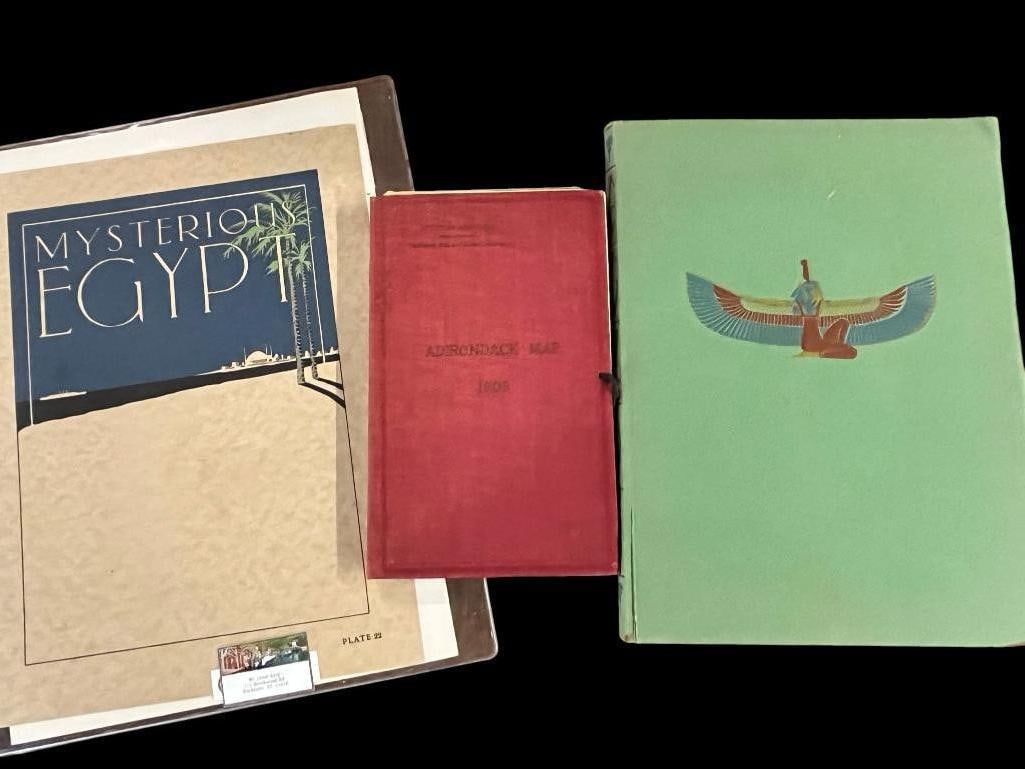 1905 Adirondack Map and more: 1905 Adirondack Map by the State of New York Forest, Fish and Game Commision, with Egypt tourism book and King Tut book plate. 3 pieces.