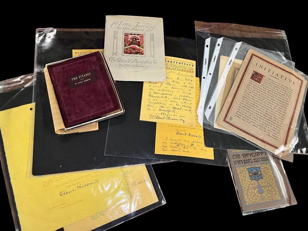 Elbert Hubbard Titanic book, signed letters and more: Elbert Hubbard Titanic book in original box, signed Hubbard letters, The Roycroft Inn book and more. 10 pieces.