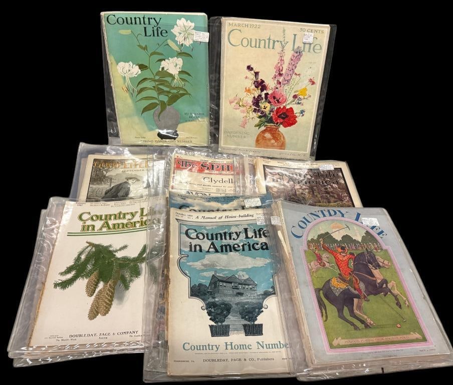 Early 1900's Good Literature, Country Life magazines and more: Early 1900's Good Literature, Country Life, The Sphere, Country Life in America magazines and more. Approx. 30 pieces.