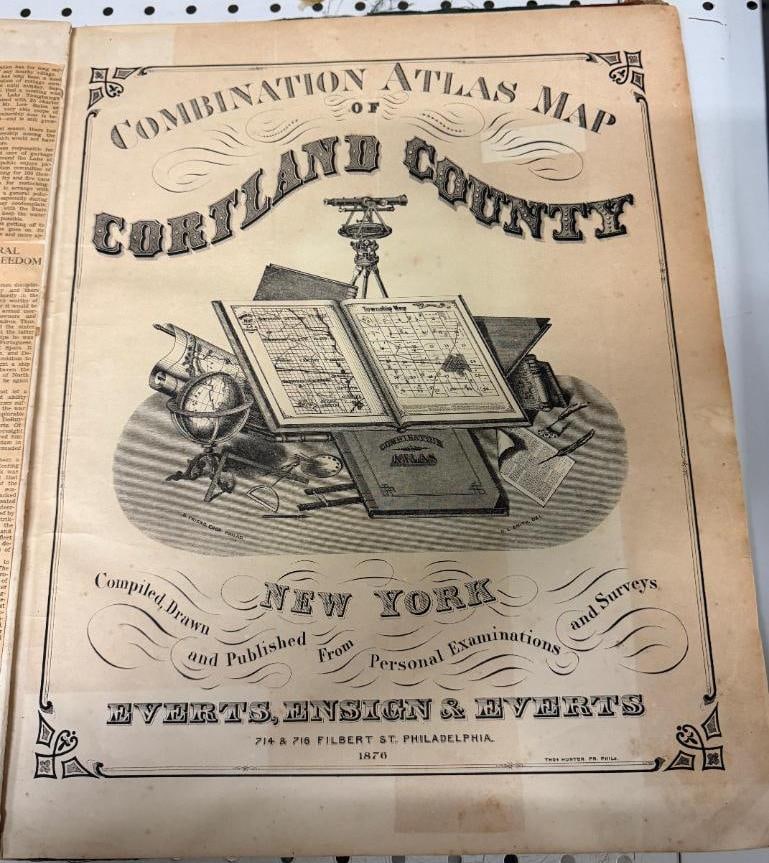 1876 Cortland County NY atlas and 1873 Steuben County maps: 1876 Cortland County NY atlas and 1873 Steuben County maps. 2 pieces. Approx. 19 x 16 inches.