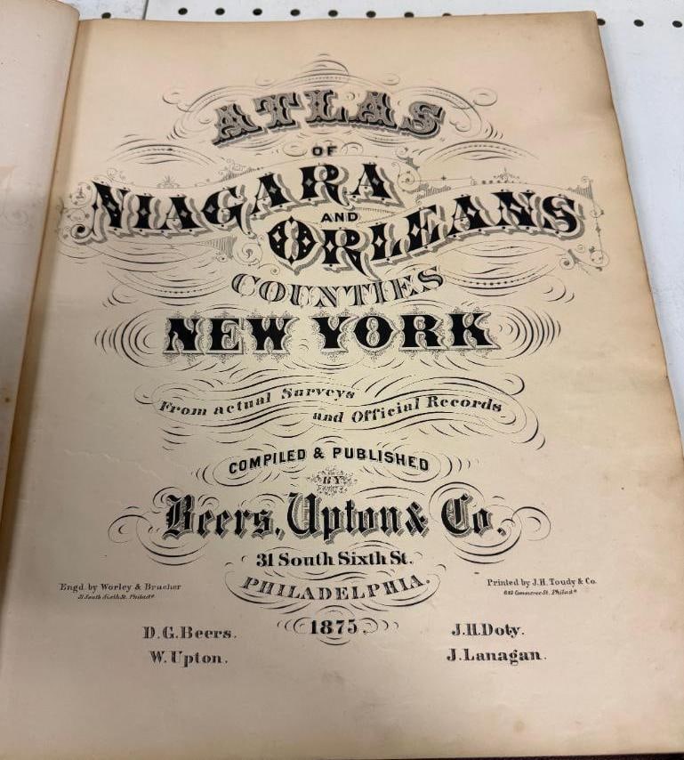 Ontario, Niagara and Orleans County atlases: 1874 Ontario County NY atlas and 1875 Niagara and Orleans County atlas. 2 books. Approx. 17 x 14 inches.