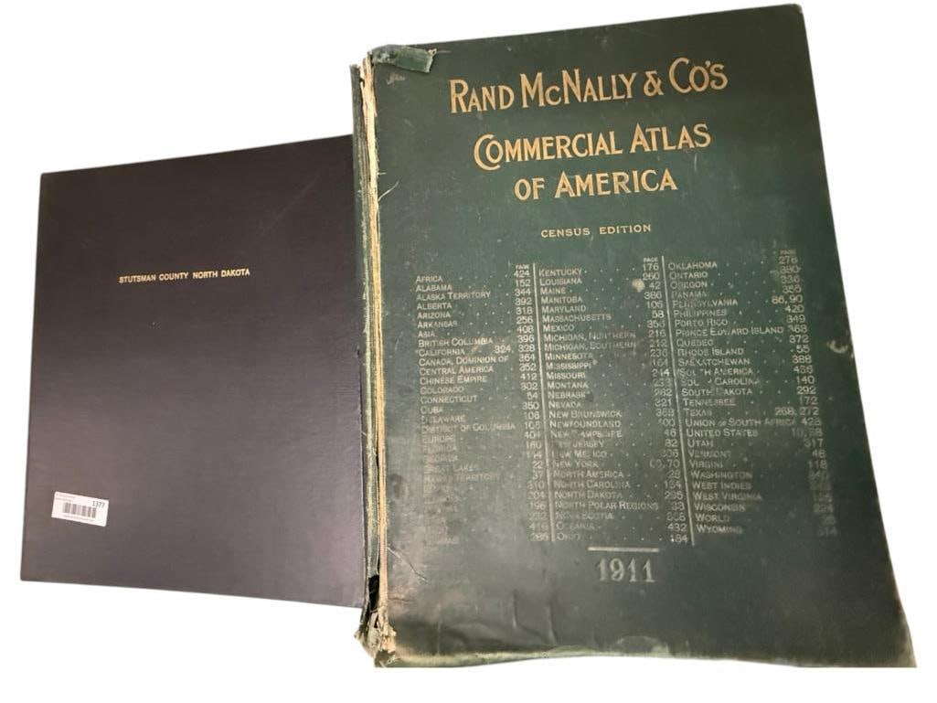 1911 Rand McNally & Co's Commercial Atlas of America etc.: 1911 Rand McNally & Co's Commercial Atlas of America and 1930 Stutsman North Dakota atlas. 2 pieces. Approx. 21 x 16 inches.