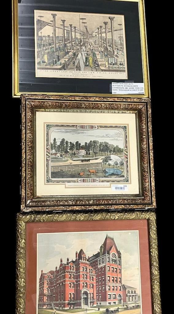 Group of 3 framed prints: Group of 3 framed prints. Barnes Bancroft & Co. 1880 hand colored lithograph. Summer Residence of Honorable Jacob B. Carpenter Little Rest NY and Homeopathic Hospital College Maternity Home of Clevela