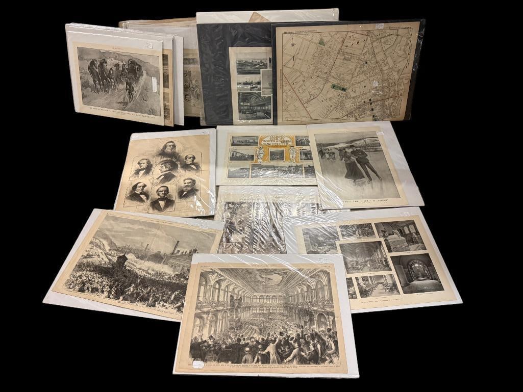 Group of prints by Frank Leslie's, Harper's Weekly etc.: Group of prints by Frank Leslie's, Harper's Weekly, Illustrated London Times and more. Including Washington DC, horses, hunting etc. Approx. 35 pieces. Largest board approx. 28 x 22 inches.