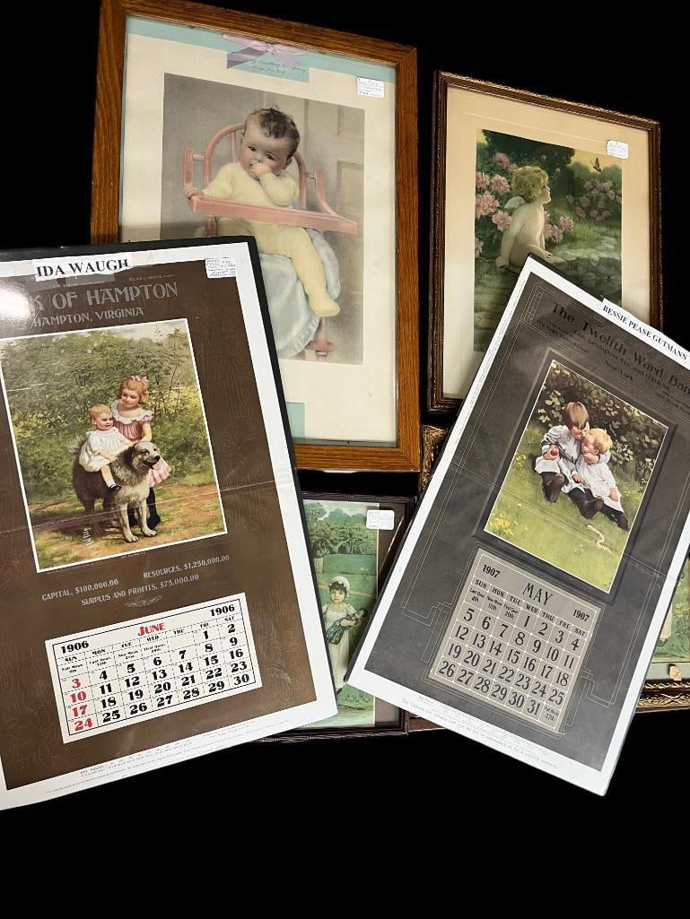 Advertising Calendars and framed prints: Advertising Calendars and framed prints. 7 pieces. Some by Bessie Pease Gutman, Ida Waugh and more. Largest board approx. 28 x 23 inches.