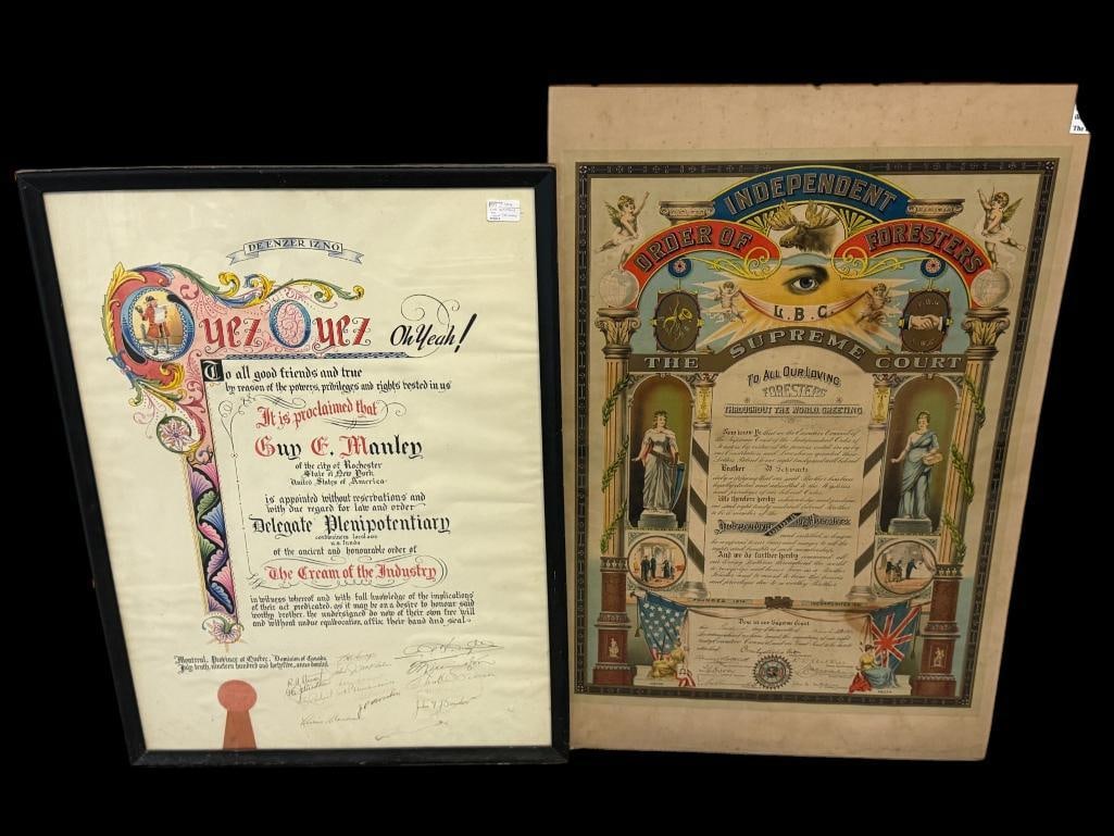 1892 Independent Order of Foresters poster etc.: 1892 Independent Order of Foresters poster and 1945 Cream of the Industry poster. 2 pieces. Frame approx. 33 x 25 inches.