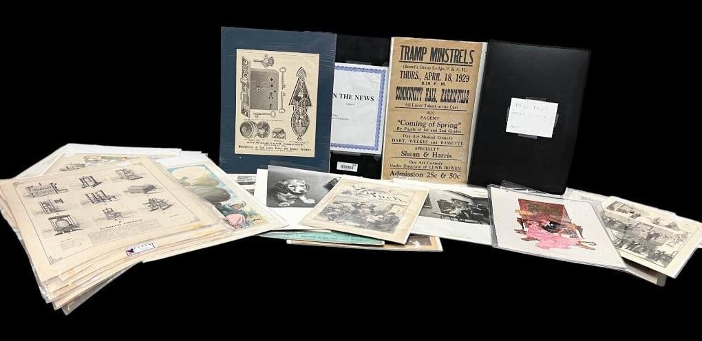 Group of advertising, prints, magazine news articles and more: Group of advertising, prints, magazine news articles,Tramp Minstrels poster, Pursued movie window card and more.