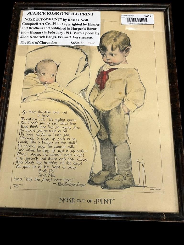 Welsh Art Deco Summer poster and Rose O'Neill print: Welsh Art Deco Summer poster and Very scarce Rose O'Neill, Nose out of joint print. 2 pieces. Summer approx. 21 x 18 inches.