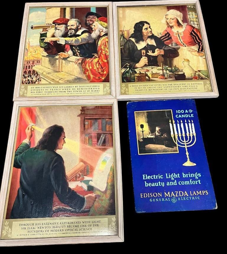 Bausch & Lomb Optical Co. prints and Edison Mazda advertising: Bausch & Lomb Optical Co. prints and Edison Mazda advertising sign. 4 pieces. Frame approx. 21 x 17 inches.