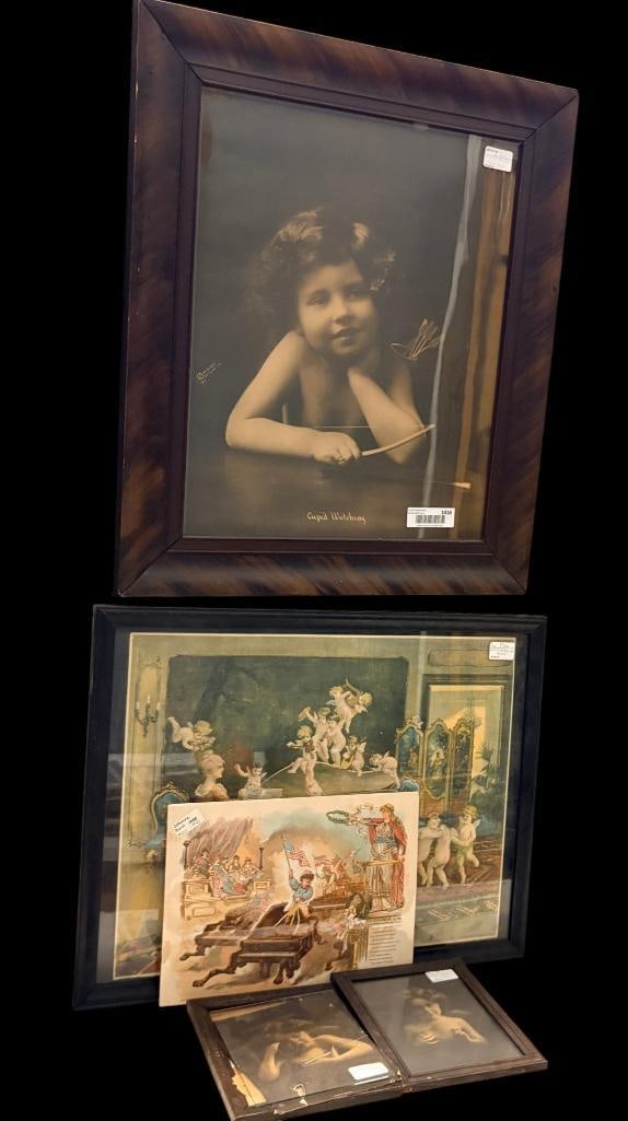 4 Cherub prints and 1888 Sohmer piano advertisement: 4 Cherub prints and 1888 Sohmer piano advertisement. 5 pieces. Frame approx. 25 x 22 inches.
