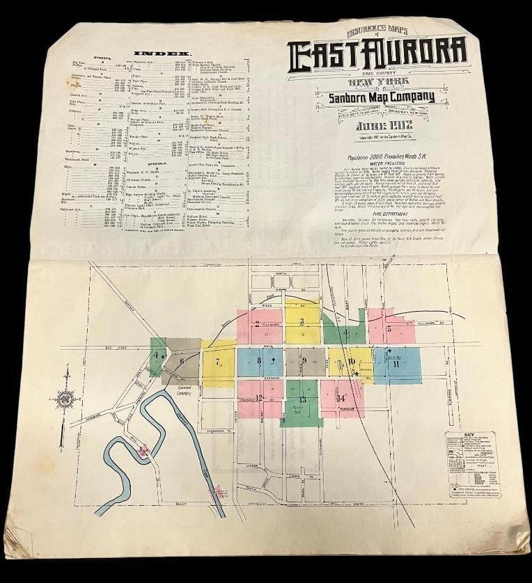 1912 East Aurora NY Fire Insurance atlas: 1912 East Aurora NY Fire Insurance atlas by Sanborn Map Co. Highlights include maps of The Roycroft Shops, Roycroft Inn and Hamlin Park. Approx. 21 x 14 inches.