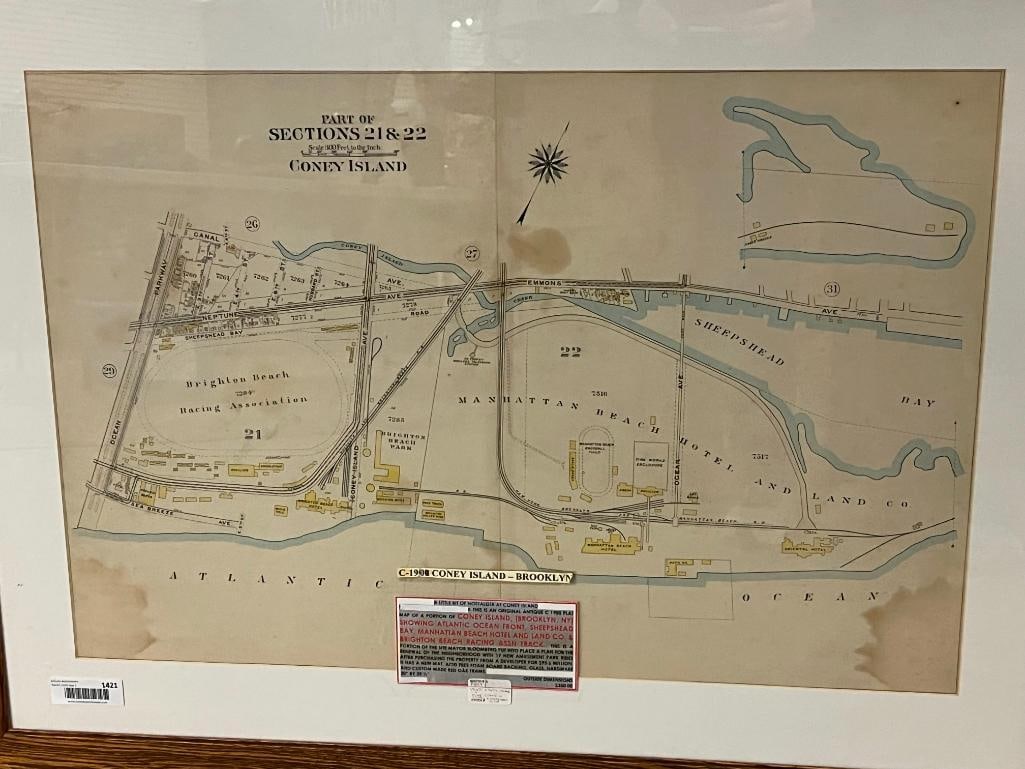 c. 1900 Coney Island map portion: c. 1900 Coney Island map portion. Approx. 30 x 20 inches. Frame approx. 40 x 30 inches.