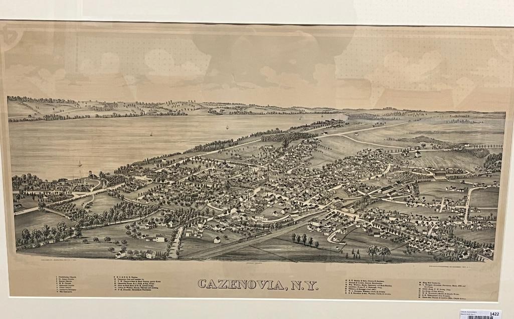 1890 Cazenovia NY print: 1890 Cazenovia NY birdseye view print. Approx. 31 x 17 inches. Frame approx. 41 x 27 inches.