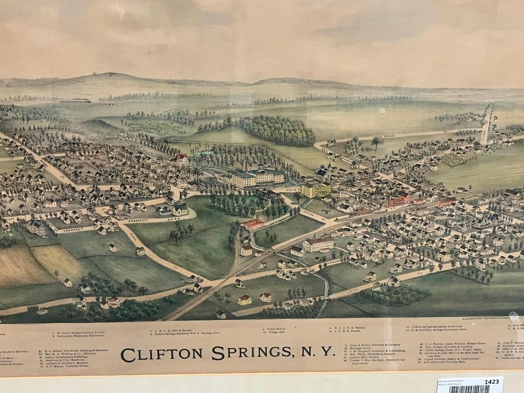 1892 Clifton Springs NY print: 1892 Clifton Springs NY birdseye view print. Approx. 27 x 16 inches. Frame approx. 38 x 27 inches.