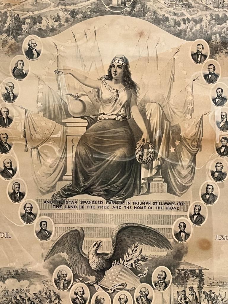 1876 100th Anniversary of the United States lithograph: 1876 In Remembrance of the One Hundredth Anniversary of the Independence of the United States lithograph. George Stimson & Co. Portland Maine. Approx. 29 x 19 inches.