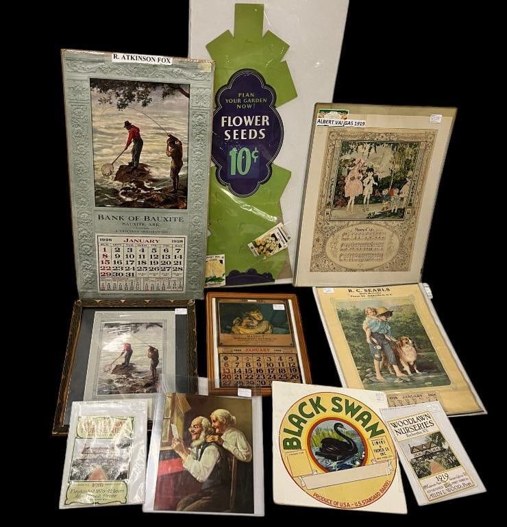 Flower Seed Countertop store display, advertising calendars etc.: Flower Seed Countertop store display, advertising calendars, Black Swan Produce label and more. R. Atkinson Fox Bank of Bauxite calendar.10 pieces. Largest approx. 40 x 17 inches.