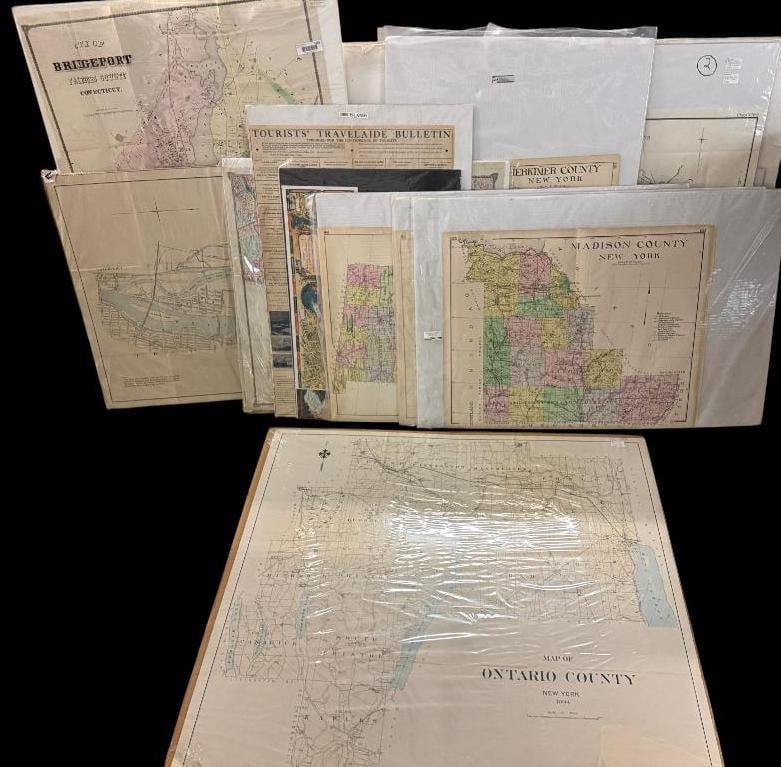 Oswego Mohawk Water Supply maps and more: Oswego Mohawk Water Supply maps, New York State Canal Survey for Cohoe and Vicinity, some New York county maps, Bridgeport Conn. map and more. 12 pieces. Largest board approx. 45 x 40 inches.