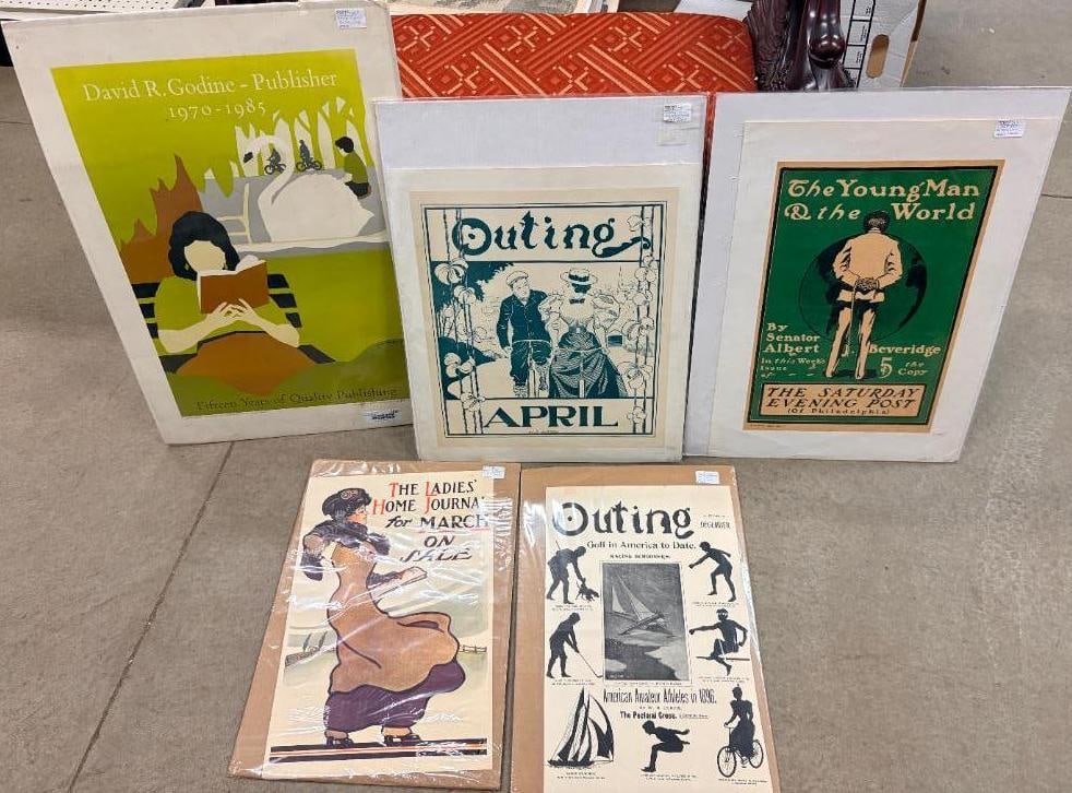 Outing, Ladies Home Journal posters etc.: Outing, Ladies Home Journal, The Saturday Evening Post and David R. Godine posters. 5 pieces. Godine approx. 28 x 20 inches.
