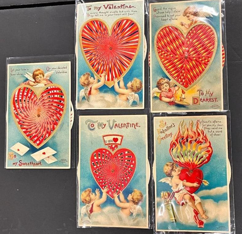 5 Valentine Mechanical Postcards: 5 Valentine Mechanical Postcards, very rare, all with hearts and cupids