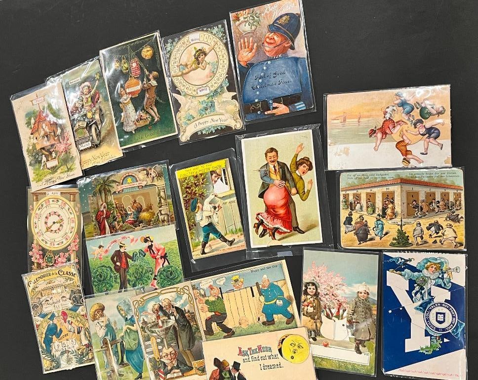 19 Mechanical Postcards: Group of 19 Mechanical Postcards incl. Poultry and Pigeon Show, Religious, soldiers, cupids, automobiles, police etc