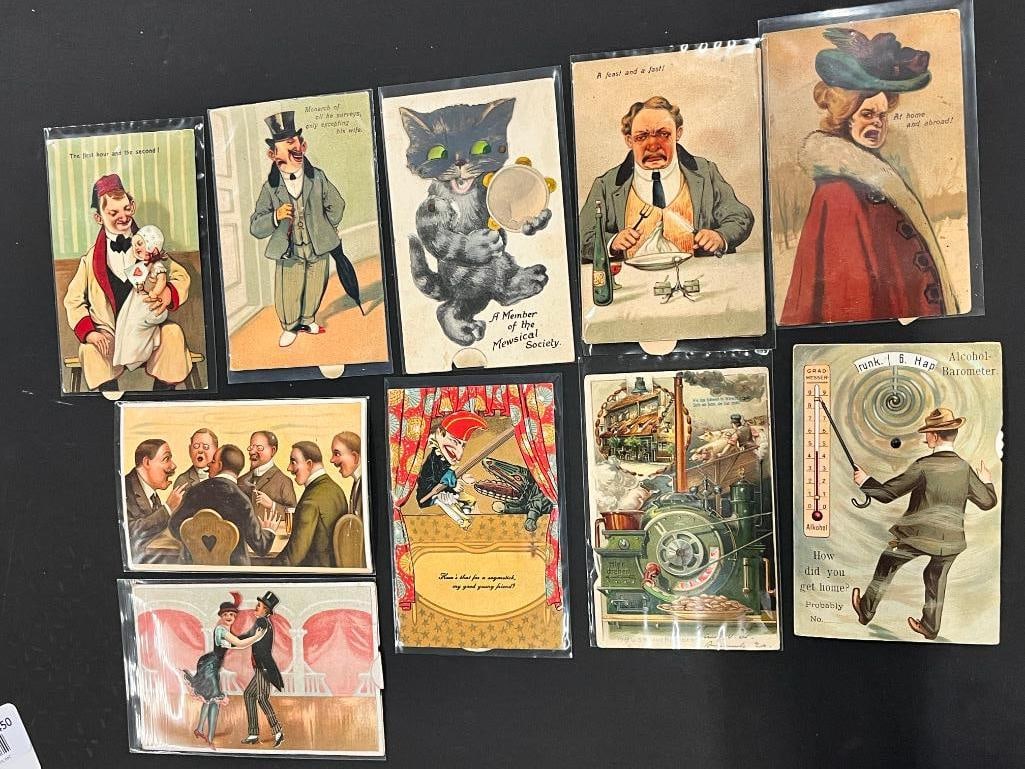 10 Mechanical Postcards: Group of 10 Mechanical Postcards incl. pig factory, crocodile, cat, people etc