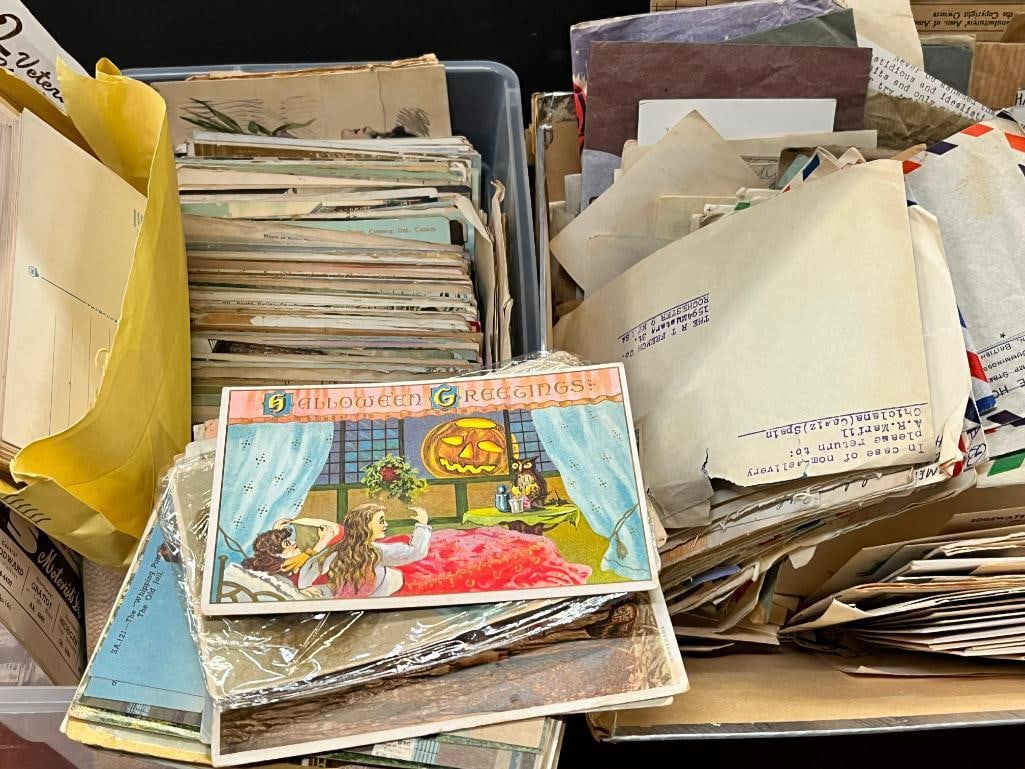 Holiday, real photo, travel postcards and more: 2 boxes, with one box of cancelled correspondence. Holiday, real photo, travel postcards and more.