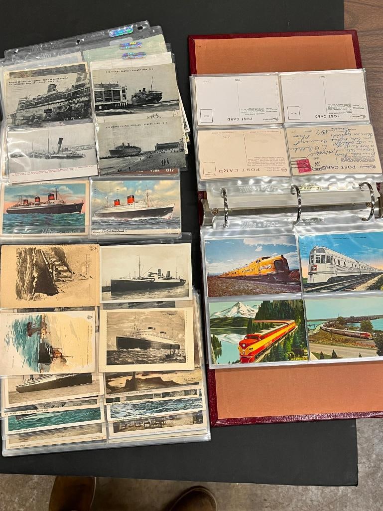 Vintage postcards of Cruise Ships and Trains: Vintage postcards of Cruise Ships and Trains. Over 200 postcards in album.