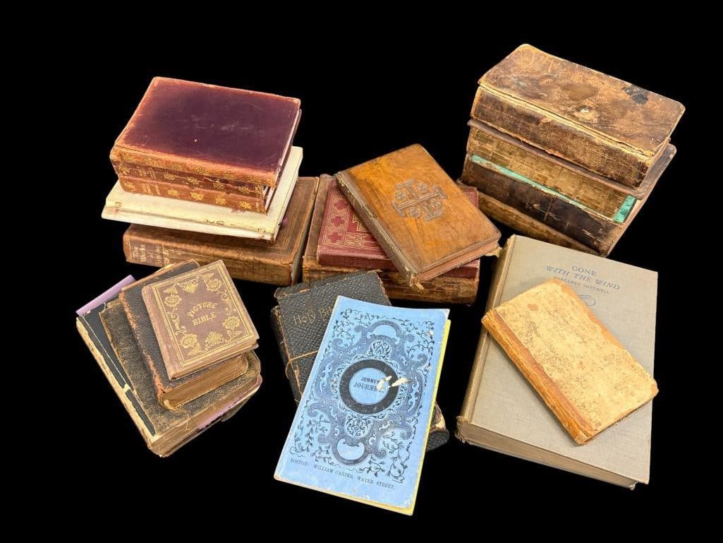 Group of 22 books: Group of 22 books including bibles, Jemmys Journey, Rudyard Kipling, Oliver Twist, Old Curiosity Shop, The Deerslayer and more.