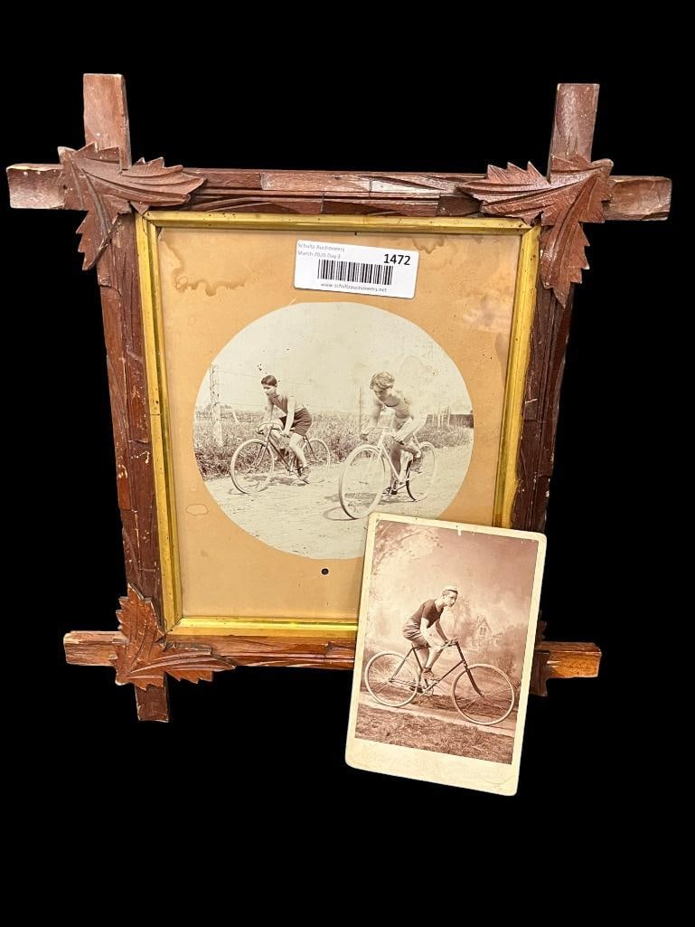 2 antique photographs of boys on bicycles: 2 antique photographs of boys on bicycles. Frame approx. 16 x 14 inches.