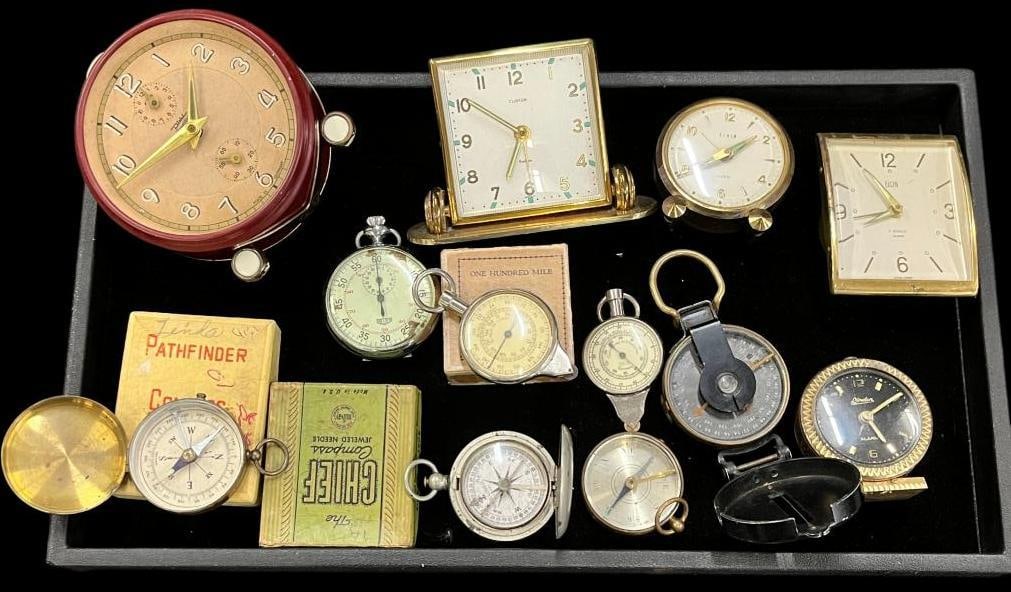 Compasses and Travel Alarm Clocks: Compasses and Travel Alarm Clocks. Approx. 14 pieces.