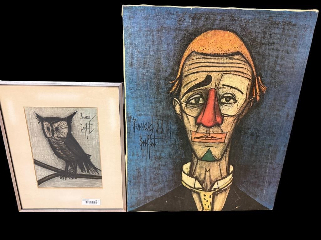 2 Bernard Buffet prints: 2 Bernard Buffet prints. Small Owl and Head of a clown. Clown approx. 28 x 22 inches.
