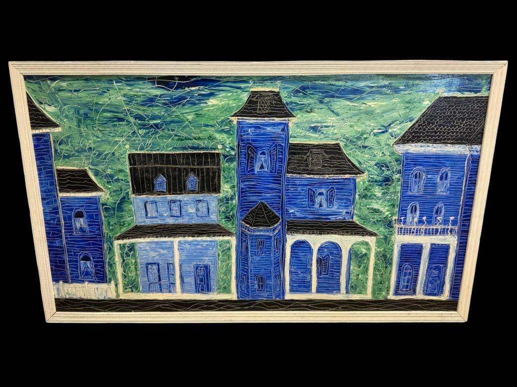 Acrylic on board of a street scene: Acrylic on board of a street scene. Approx. 49 x 30 inches.