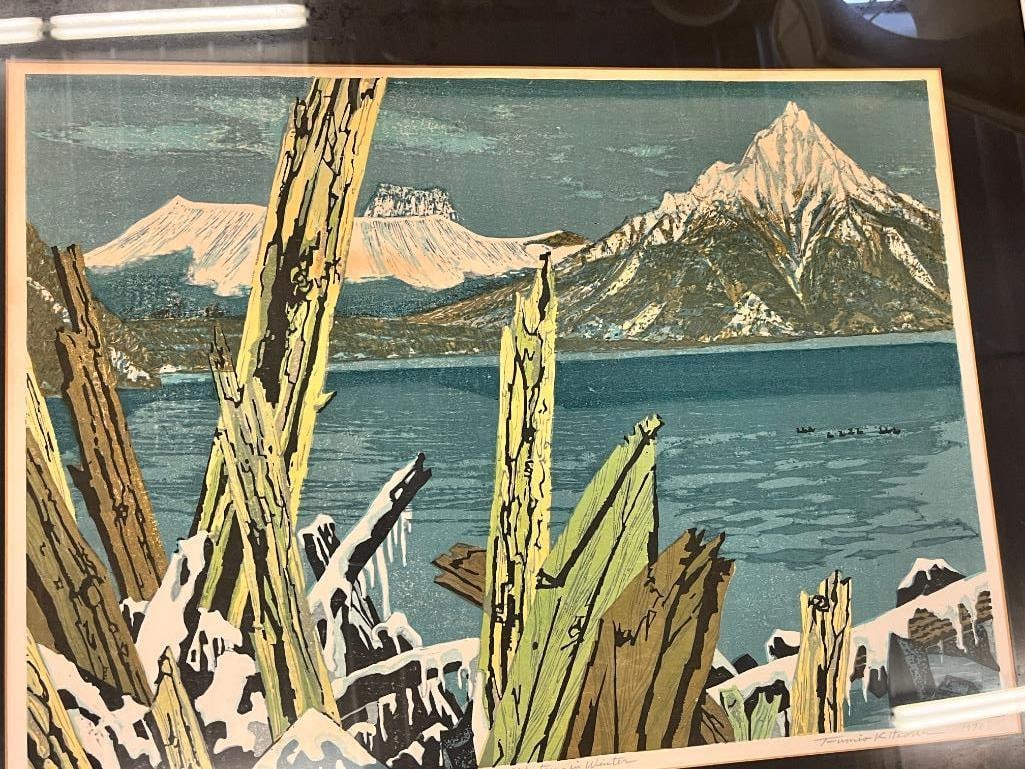 Fumio Kitaoka signed print: Fumio Kitaoka signed print of Lake Shikotsu Winter 1971. Number 2 / 100. Approx. 22 x 16 inches. Frame approx. 29 x 24 inches.