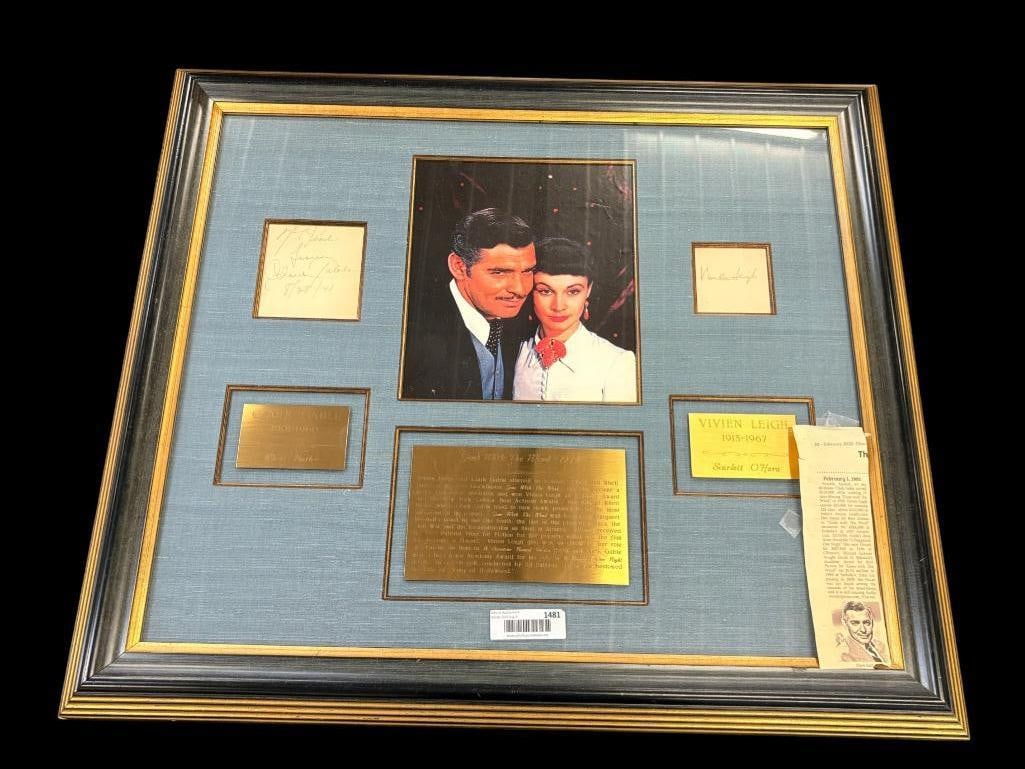 Clark Gable and Vivien Leigh autographs: Clark Gable and Vivien Leigh autographs in Gone With the Wind display. Include booklet. Frame approx. 31 x 27 inches.