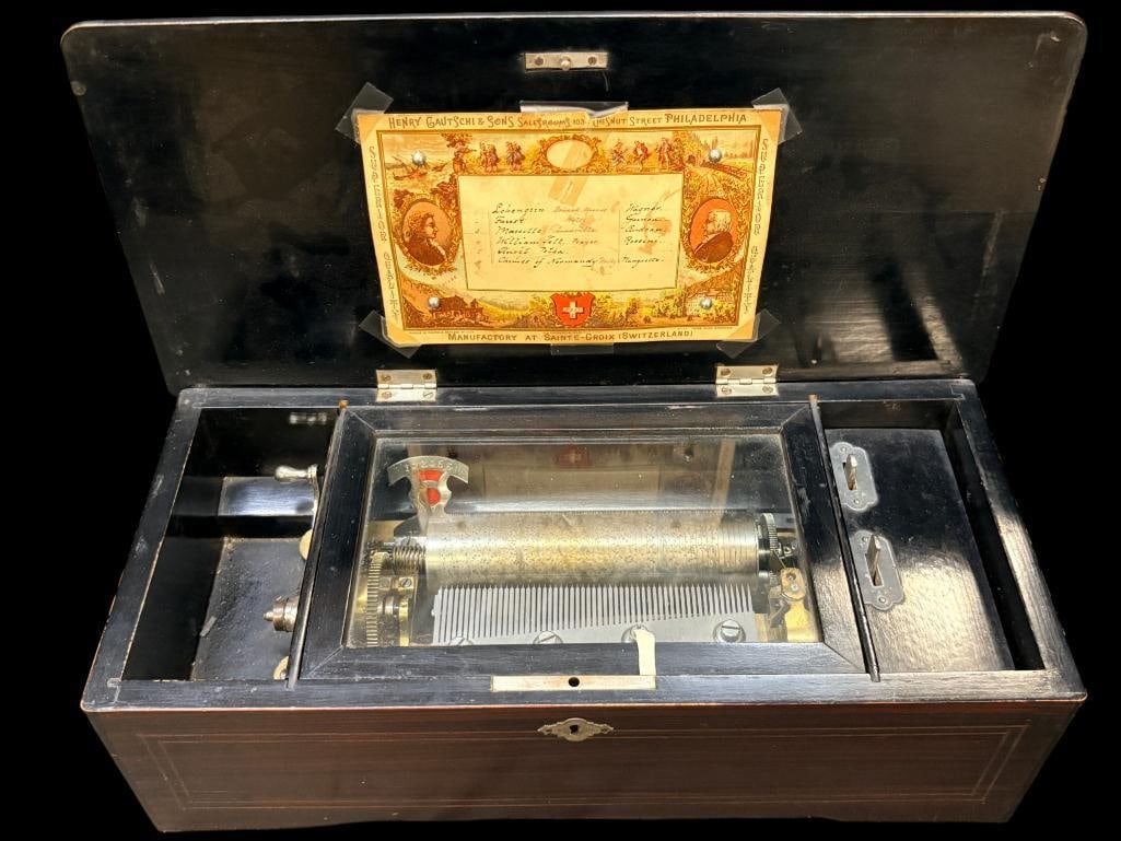 Inlaid music box c.1850: Inlaid music box c.1850. Approx. 6 x 17 x 8 inches.