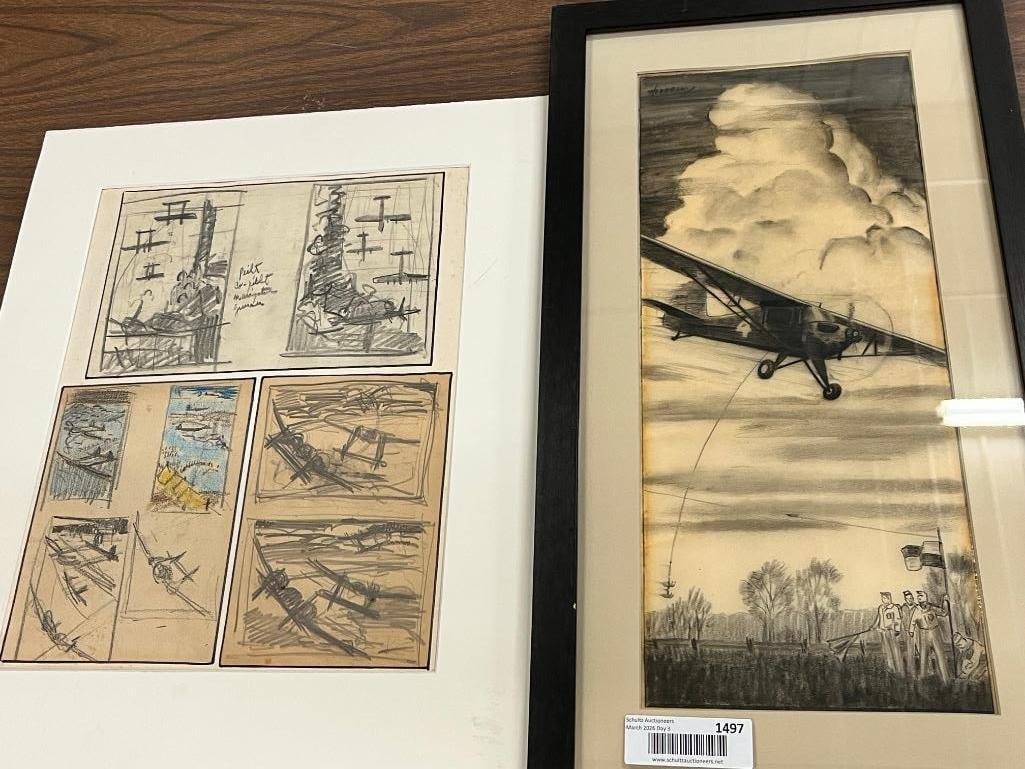 Charley Hubbel drawing of Chuck Rotbart's Aeronca Scout: Charley Hubbel drawing of Chuck Rotbart's Aeronca Scout plane. "Message pick up" and other plane drawing. 2 pieces. Frame approx. 22 x 12 inches.
