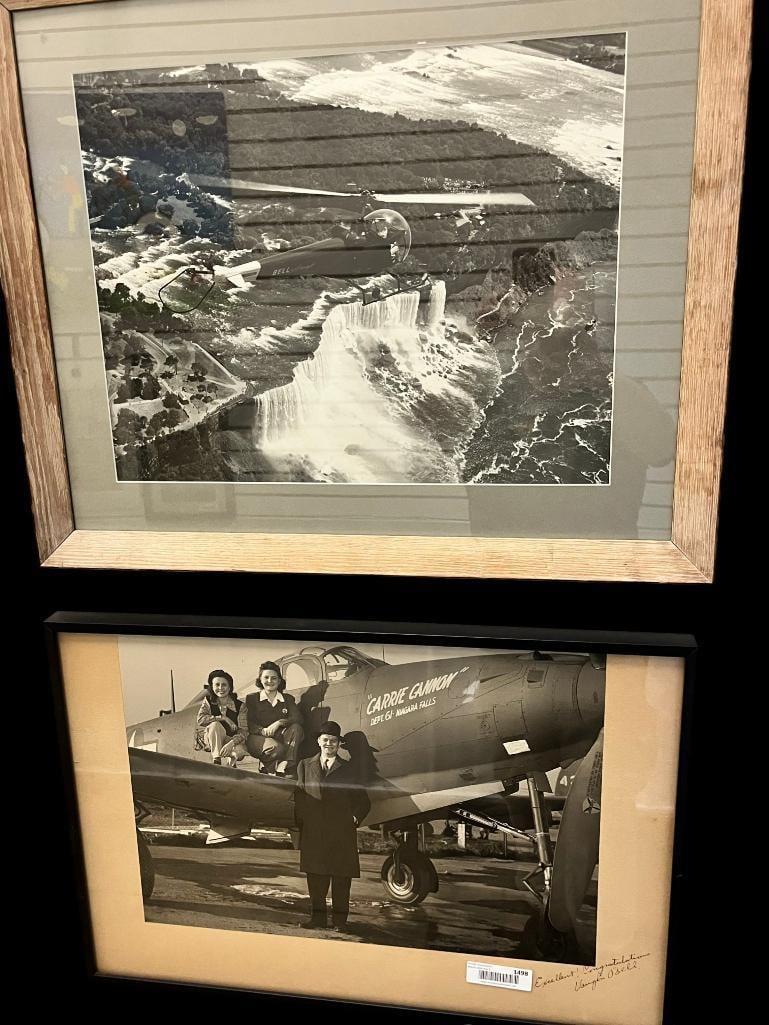 Bell Aircraft Helicopter over Niagara Falls photo and more: Bell Aircraft Helicopter over Niagara Falls photo and Vaughn Bell signed photo of a WASP female pilot. 2 pieces. Helicopter approx. 14.5 x 18 inches. Frame approx. 26 x 22 inches.