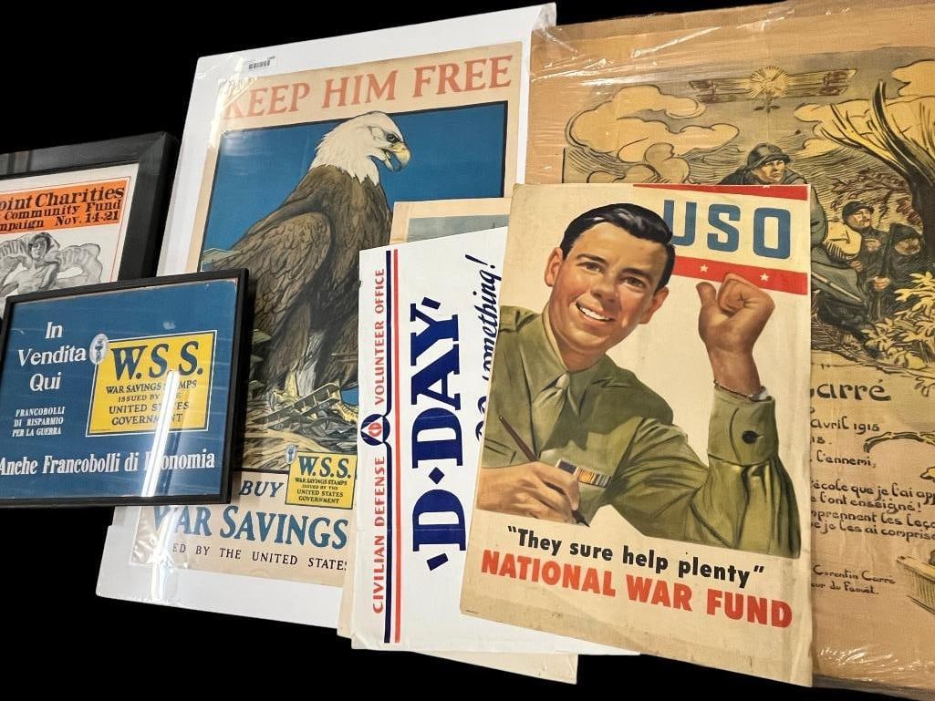 War Stamps poster, WW1 Glory of Jean Corentin Carre poster etc.: War Stamps poster, WW1 Glory of Jean Corentin Carre French Soldier poster, USO poster, Civil Defense poster etc. 5 pieces. Largest board approx. 34 x 24 inches.