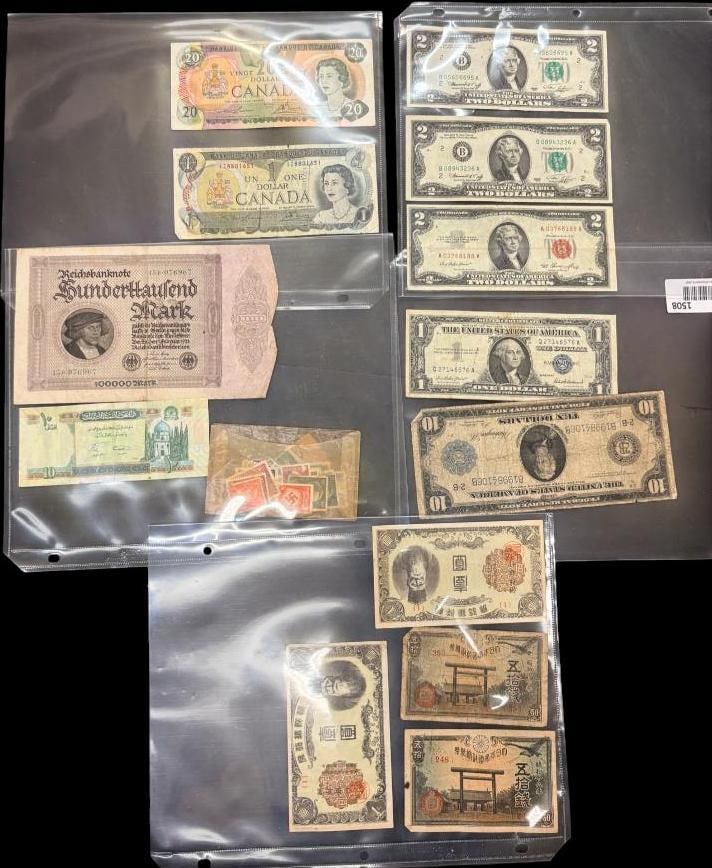 1914 U.S. $10 note, foreign currency and more: 1914 U.S. $10 note, foreign currency, German stamps, $2 notes and more.