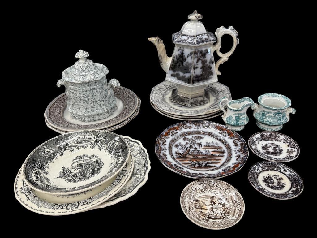 Transferware plates, teapot and more: Transferware plates, mulberry teapot and more. 15 pieces. Teapot approx. 10 x 10 x 6 inches.