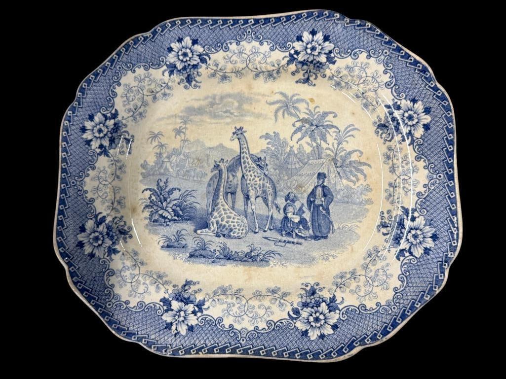 Staffordshire Giraffe transferware platter: Staffordshire Giraffe transferware platter. The scene commemorates the arrival of the first Giraffes at the London Zoological Gardens in 1836. Marked Published Augst 30th 1836 Agreeable to the Act.